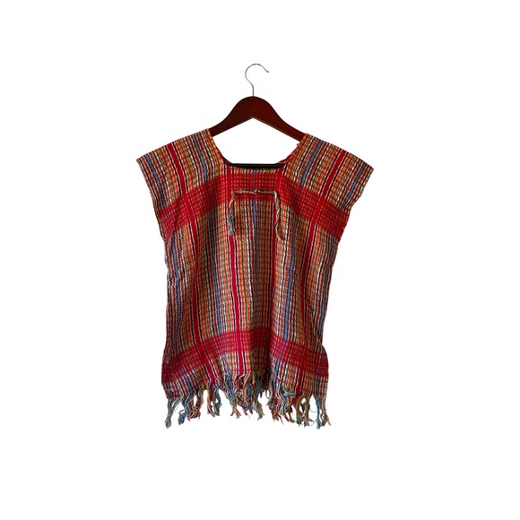 Handmade Tops - Handwoven vintage Huipil Top Red Multi Color Striped Fringe Boho Folk Art